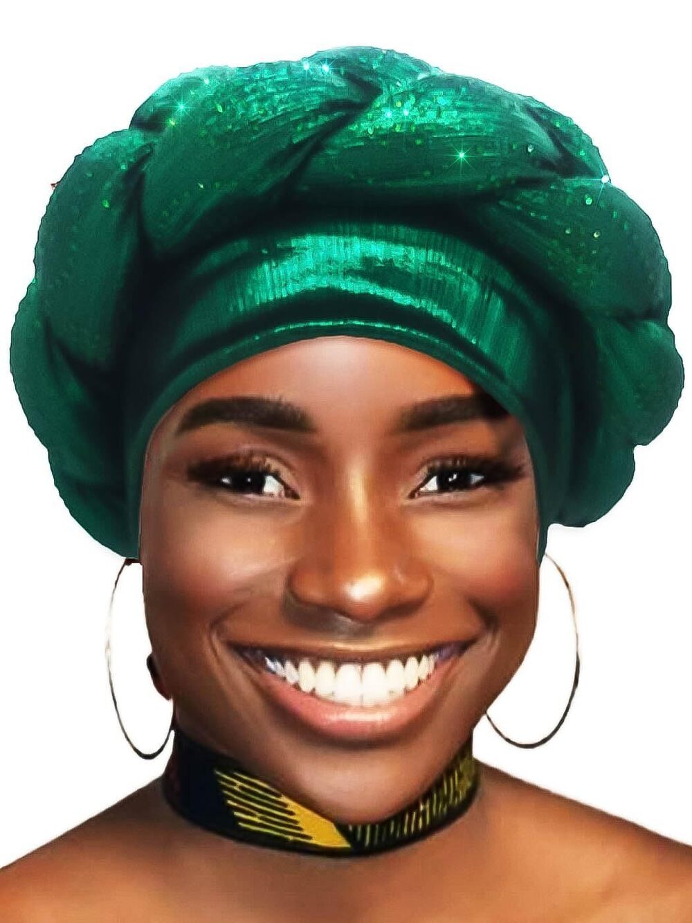 2395 African Turban Head Wrap Green Braid Beanie Cap Headwear Crystals